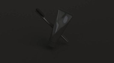 Diş macunu ve diş fırçası siyah arka plan üzerine boş siyah tüp. Marka, tıbbi ya da sağlık mockup. 3D render illüstrasyon