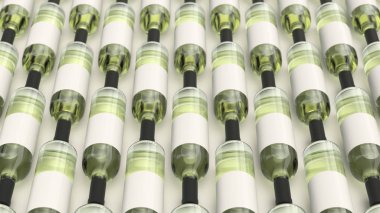 Boş etiketleri beyaz arka plan üzerinde beyaz şarap şişeleri desen. Tasarım veya marka şablonu. 3D render illüstrasyon