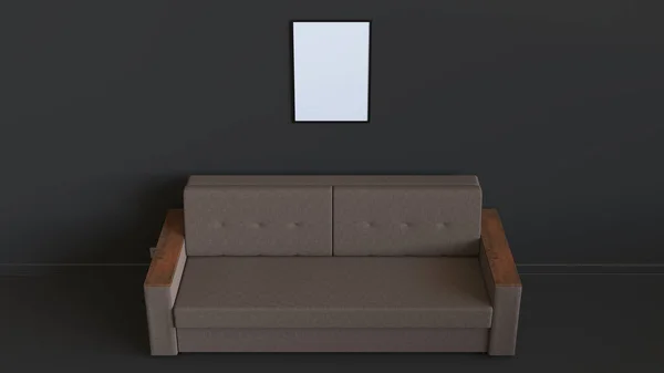 Blank Hvit Plakat Rammen Som Henger Veggen Enkel Sofa Innvendig – stockfoto