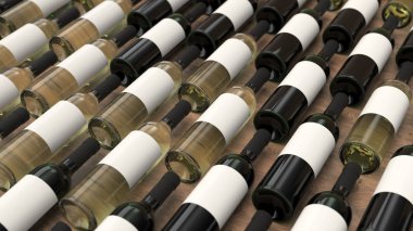 Şişe kırmızı ve beyaz şarap ahşap arka plan boş etiketlerle desen. Tasarım veya marka şablonu. 3D render illüstrasyon