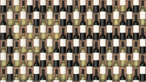 Pattern from bottles of red and white wine with blank labels on wooden background. Design or branding template. 3D rendering illustration