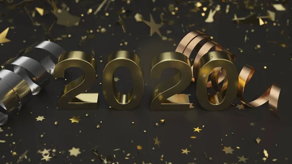 2020 Złoty Numer Konfetti Serpentyn Czarnym Tle 2020 Roku Nowy — Zdjęcie stockowe