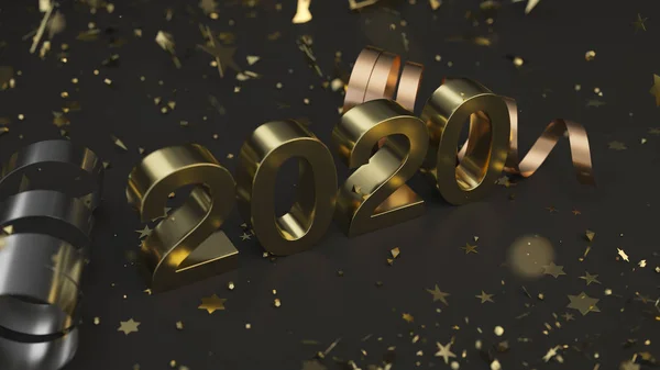 Numéro Golden 2020 Avec Confettis Serpentine Sur Fond Noir 2020 — Photo