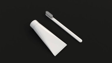 Diş macunu ve diş fırçası siyah arka plan üzerine beyaz boş tüp. Marka veya tıbbi mockup. 3D render illüstrasyon