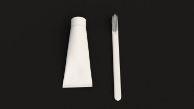 Diş macunu ve diş fırçası siyah arka plan üzerine beyaz boş tüp. Marka veya tıbbi mockup. 3D render illüstrasyon