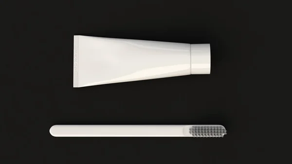 Leere Weiße Tube Zahnpasta Und Zahnbürste Auf Schwarzem Hintergrund Branding — Stockfoto