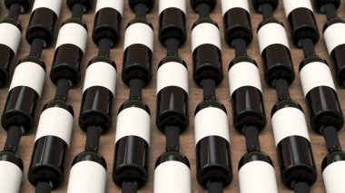 Desen ahşap arka plan boş etiketlerle kırmızı şarap şişeleri. Tasarım veya marka şablonu. 3D render illüstrasyon