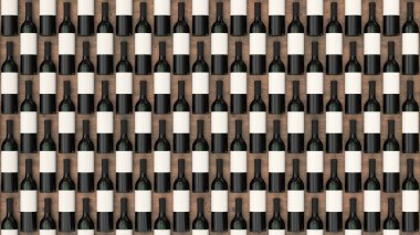 Desen ahşap arka plan boş etiketlerle kırmızı şarap şişeleri. Tasarım veya marka şablonu. 3D render illüstrasyon