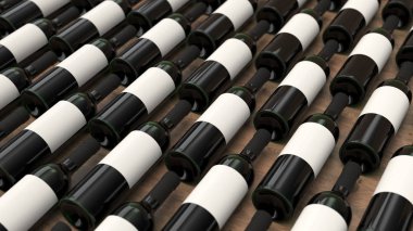 Desen ahşap arka plan boş etiketlerle kırmızı şarap şişeleri. Tasarım veya marka şablonu. 3D render illüstrasyon