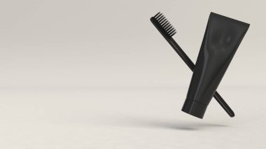 Diş macunu ve diş fırçası beyaz zemin üzerine boş siyah tüp. Marka, tıbbi ya da sağlık mockup. 3D render illüstrasyon