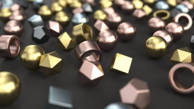 Desen siyah yüzeyinde metal temel öğelerdir. Geometrik arka plan. 3D render illüstrasyon