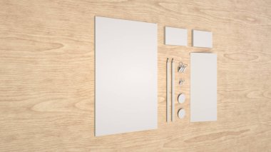Mockup marka. Yaprak kağıt, kartvizit, bağlayıcı klipleri, rozetleri ve kalem. 3D render illüstrasyon.