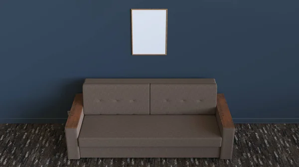 蓝色白色海报挂在墙上简单的沙发上的框架 内部模型 渲染插图 — 图库照片