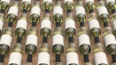 Desen ahşap arka plan boş etiketlerle beyaz şarap şişeleri. Tasarım veya marka şablonu. 3D render illüstrasyon