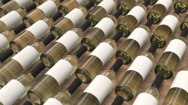 Desen ahşap arka plan boş etiketlerle beyaz şarap şişeleri. Tasarım veya marka şablonu. 3D render illüstrasyon