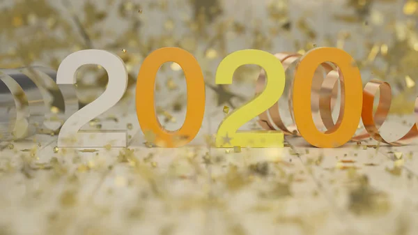 Numéro 2020 Coloré Avec Confettis Dorés Serpentine Sur Fond Bois — Photo