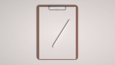 Mockup marka. Pano sayfası kağıt ve kalem ile. 3D render illüstrasyon.