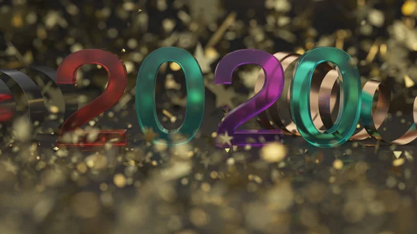Verre 2020 Numéro Avec Confettis Dorés Serpentine Sur Fond Noir — Photo