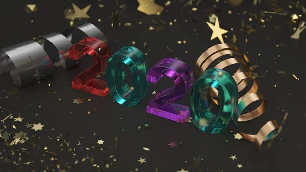 Número Glass 2020 Con Confeti Dorado Serpentina Sobre Fondo Negro —  Fotos de Stock