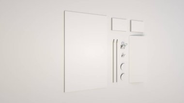Mockup marka. Yaprak kağıt, kartvizit, bağlayıcı klipleri, rozetleri ve kalem. 3D render illüstrasyon.