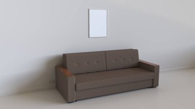 Basit kanepe yukarıda duvara asılı çerçeve içinde boş beyaz posteri. İç mockup. 3D render illüstrasyon.