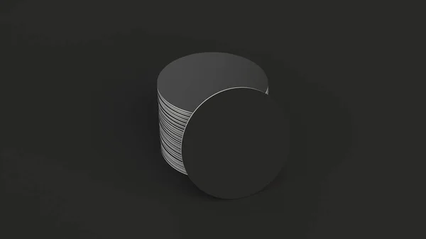 Mockup of blank black round beer coasters on black background. Branding template. 3D rendering illustration