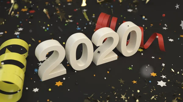 Numéro 2020 Bois Avec Confettis Colorés Serpentine Sur Fond Noir — Photo