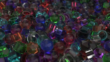 Renkli cam ilkel yığını. Geometrik arka plan. 3D render illüstrasyon