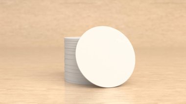 Mockup boş beyaz yuvarlak ahşap arka plan üzerinde bardak bira. Şablon marka. 3D render illüstrasyon