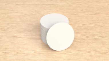 Mockup boş beyaz yuvarlak ahşap arka plan üzerinde bardak bira. Şablon marka. 3D render illüstrasyon