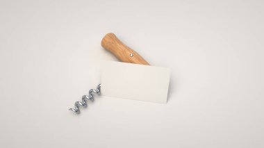 Şarap veya sommelier marka şablonu. Mockup beyaz kartvizit ve tirbuşon beyaz arka plan üzerinde. 3D render illüstrasyon.