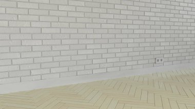 Beyaz boyalı tuğla duvar ve parke boş oda. İç mockup. 3D render illüstrasyon.