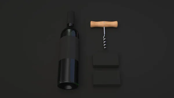 Wijn Sommelier Branding Sjabloon Mockup Van Zwarte Visitekaartje Met Fles — Stockfoto