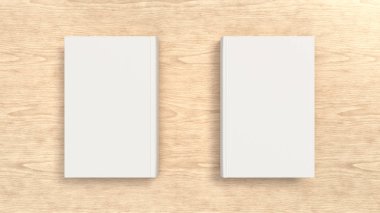 Mockup ahşap arka plan boş beyaz dikey kitap. Kitap kapak tasarımı için şablon. 3D render illüstrasyon