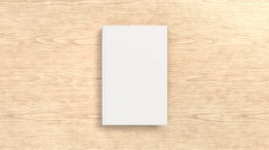 Mockup ahşap arka plan boş beyaz dikey kitap. Kitap kapak tasarımı için şablon. 3D render illüstrasyon