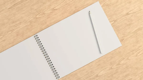 Drawing Album White Pencil Wooden Background Spiral Bound Notebook Mockup — Stock Photo, Image