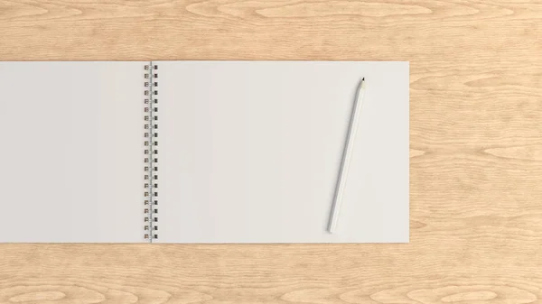 Disegno Album Con Matita Bianca Fondo Legno Mockup Notebook Rilegato — Foto Stock