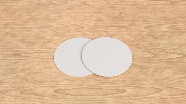 Mockup of blank white round beer coasters on wooden background. Branding template. 3D rendering illustration