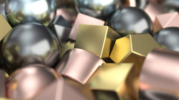 Куча разноцветных металлических примитивов. Абстрактный геометрический фон. 3D-рендеринг
