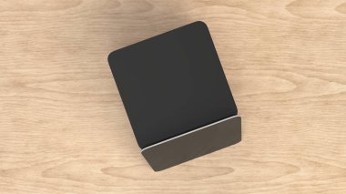 Ahşap zemin üzerine boş siyah kare bira bardak mockup. Şablon marka. 3D render illüstrasyon