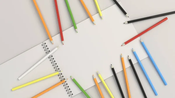 在白色背景上画有五颜六色铅笔的专辑 螺旋绑定笔记本模型 渲染插图 — 图库照片