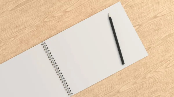 Disegno Album Con Matita Nera Sfondo Legno Mockup Notebook Rilegato — Foto Stock