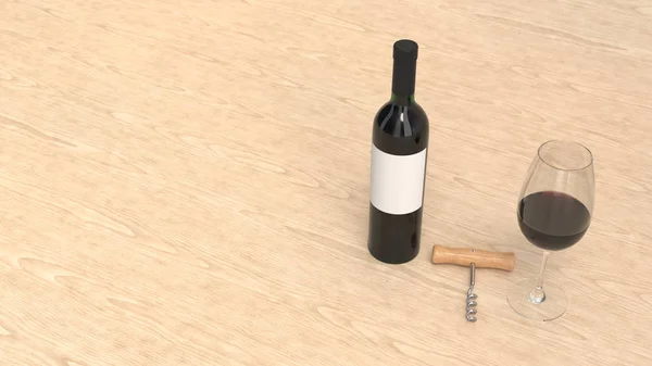 Макет бутылки вина со стеклом и штопором — стоковое фото