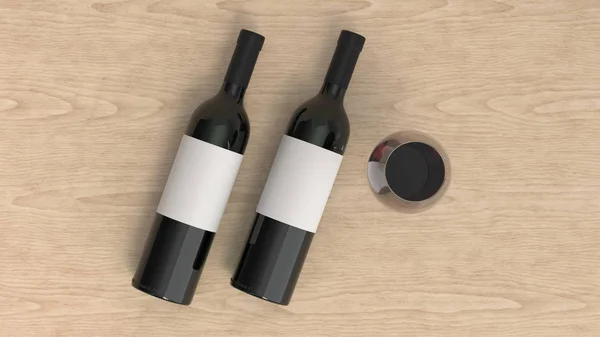 Attrappe von zwei Flaschen Rotwein mit Glas — Stockfoto