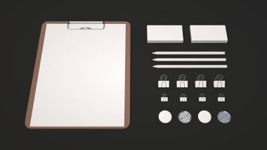 Pano, kartvizit, bağlayıcı klipleri, rozetleri ve kalemler