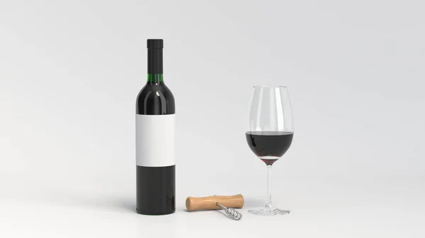 Attrappe einer Flasche Wein mit Glas und Korkenzieher — Stockfoto