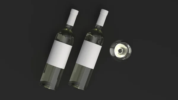 Mockup van twee flessen witte wijn met glas — Stockfoto