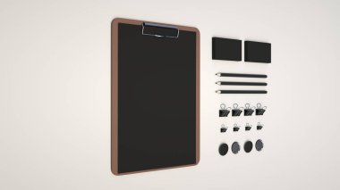 Pano, kartvizit, bağlayıcı klipleri, rozetleri ve kalemler