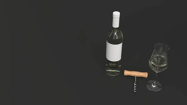 Mockup di bottiglia di vino con bicchiere e cavatappi — Foto Stock