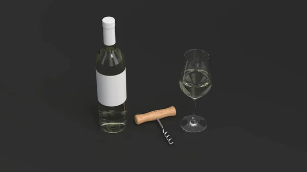 Mockup di bottiglia di vino con bicchiere e cavatappi — Foto Stock